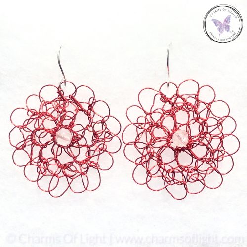 Copper Wire Crochet Medallion Earrings With Clear Quartz (Red)